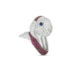 18K White Gold Diamond + Ruby + Sapphire Fish Ring // Ring Size: 6.5 // New