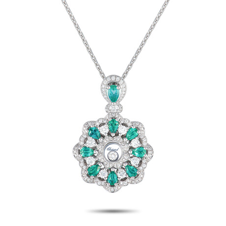 18K White Gold Diamond + Emerald Necklace // 16.5" // Estate