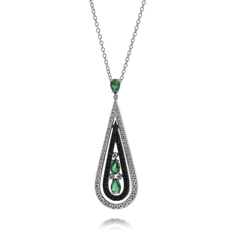 Damiani 18K White Gold Black and White Diamond + Emerald Drop Pendant Necklace // 16" // Store Display