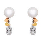 18K White Gold + 18K Yellow Gold + 18K Rose Gold Pearl + Diamond Stud Earrings // New