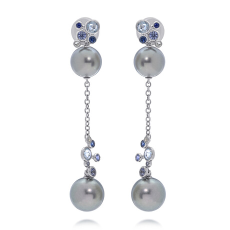 Damiani 18K White Gold Tahitian Pearl + Blue Sapphire Diamond Drop Earrings // Store Display