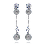 Damiani 18K White Gold Tahitian Pearl + Blue Sapphire Diamond Drop Earrings // Store Display