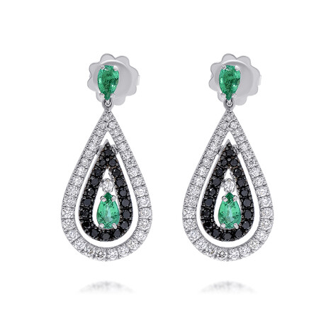 Damiani 18K White Gold Emerald + Black and White Diamonds Drop Earrings // Store Display