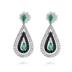 Damiani 18K White Gold Emerald + Black and White Diamonds Drop Earrings // Store Display