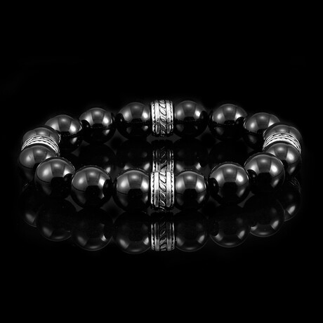 Onyx Stones + Stainless Steel Bead Accents Stretch Bracelet // 8"