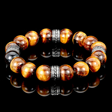Tiger Eye Stones + Stainless Steel Bead Accents Stretch Bracelet // 8"