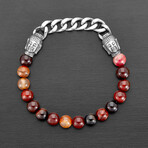 Red Agate Stone + Stainless Steel Buddha Heads Stone Stretch Bracelet // 8.5"
