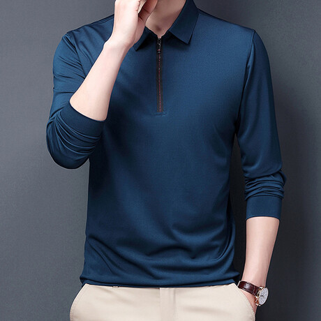 Sleek Contrast Zipper Quarter Zip Sweatshirt // Medium Blue (M)