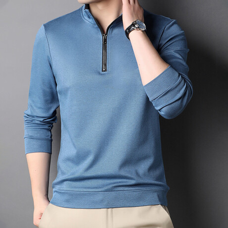 Contrast Zipper Quarter Zip Sweatshirt // Medium Blue (M)