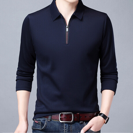 Contrast Stripe Zipper Quarter Zip Sweatshirt // Navy Blue (M)