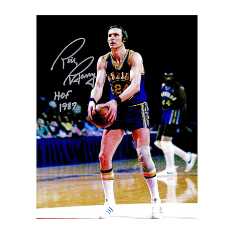 Rick Barry // Signed Warriors Blue Jersey Under Hand FT 8x10 Photo