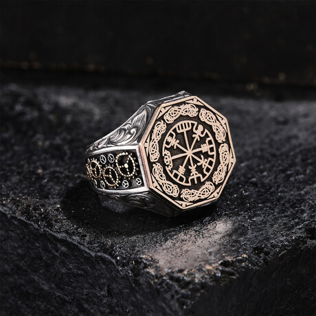 Vegvisir Design Silver Men's Ring // Oxidized Silver (9)