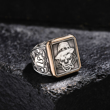 Poker Skull Design Silver Ring // Oxidized Silver (9)