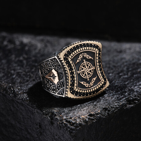 Compass Design Silver Ring // Oxidized Silver (9)