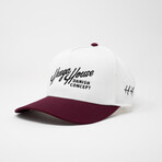 Retro Script Hat //  White + Burgundy