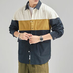 Striped Button Up Shirt // Dark Blue + White + Beige (M)