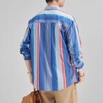 Striped Button Up Shirt // Blue + Multicolored (L)