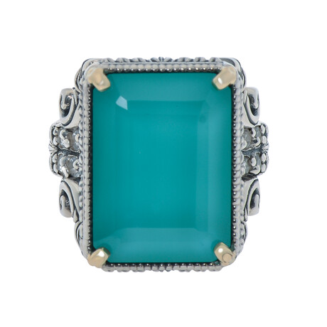 Konstantino // Sterling Silver + 18K Yellow Gold Teal Chalcedony + White Topaz Ring // Ring Size: 7 // New