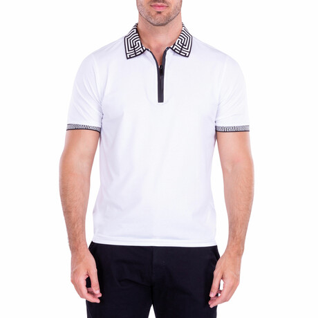 Greek Key Trim Zipper Short Sleeve Polo Shirt // White (S)