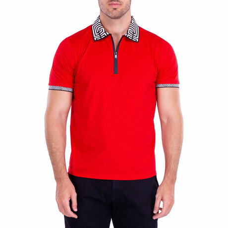 Greek Key Trim Zipper Short Sleeve Polo Shirt // Red (S)