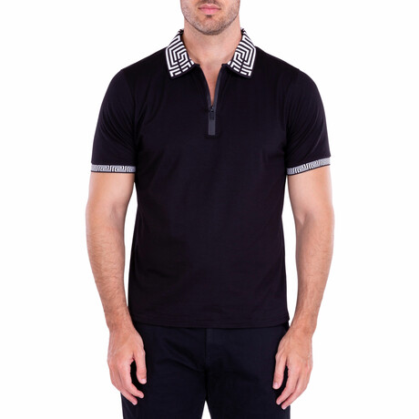 Greek Key Trim Zipper Short Sleeve Polo Shirt // Black (S)