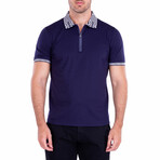 Greek Key Trim Zipper Polo Shirt Solid Navy // Navy (L)