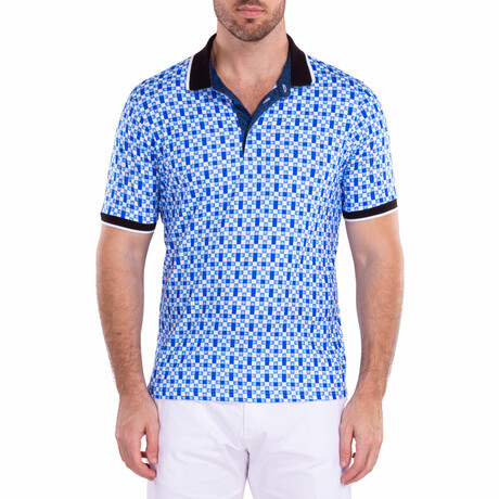 Abstract Cube Pattern Printed Polo Shirt Blue // Blue (XS)