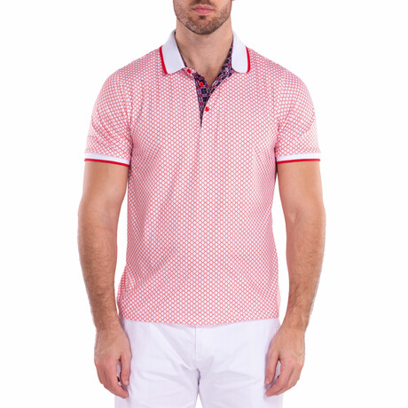 Geo Pattern Short Sleeve Polo Shirt // White + Red (S)