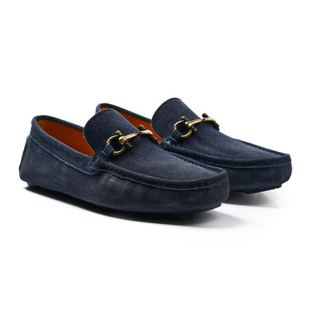 Gold Cross Bar Suede Loafer // Navy (Euro: 40)