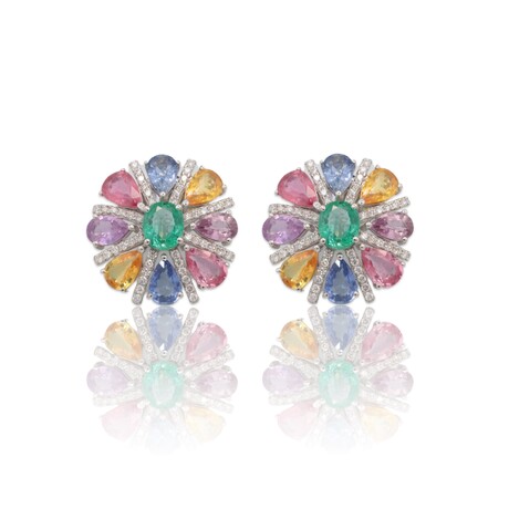 18K White Gold Diamond + Emerald + Sapphires Earrings // Pre-Owned