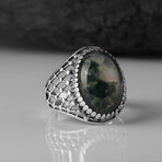 925 Sterling Silver Natural Moss Agate Stone Ring // Style 2 // Silver + Green (9.5)
