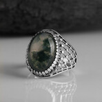 925 Sterling Silver Natural Moss Agate Stone Ring // Style 2 // Silver + Green (8.5)