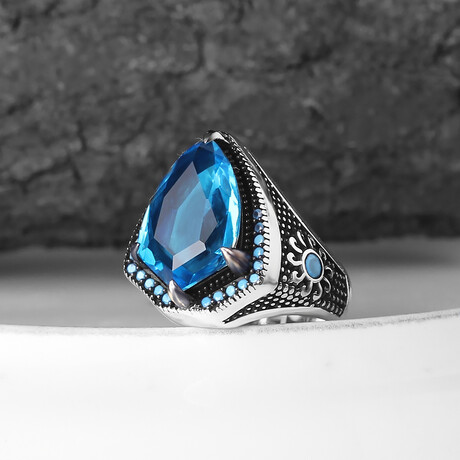 925 Sterling Silver Shield Shape Aquamarine Stone Ring // Silver + Blue (6.5)