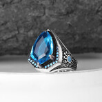 925 Sterling Silver Shield Shape Aquamarine Stone Ring // Silver + Blue (10.5)