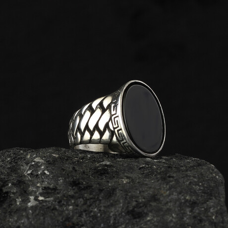 925 Sterling Silver Onyx Stone Minimalist Ring // Style 2 // Silver + Black (6.5)