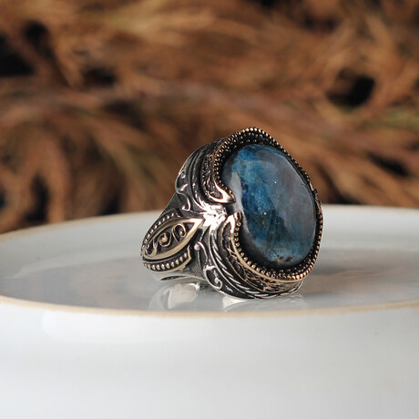 925 Sterling Silver Natural Azurite Stone Ring // Style 1 // Silver + Blue (6.5)