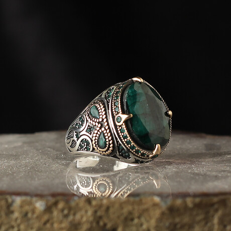 925 Sterling Silver Natural Emerald Stone Ring // Silver + Green (6.5)