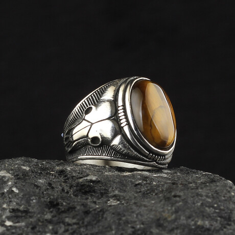 925 Sterling Silver Tiger's Eye Stone Bull Skull Ring // Silver + Brown (6.5)