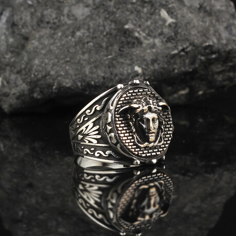 925 Sterling Silver Medusa Shape Ring // Silver + Bronze (6.5)
