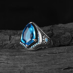 925 Sterling Silver Shield Shape Aquamarine Stone Ring // Silver + Blue (8.5)