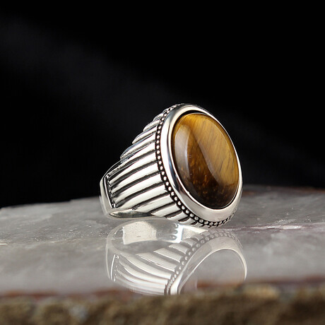 925 Sterling Silver Tiger's Eye Gemstone Minimalist Ring // Silver + Brown (6.5)