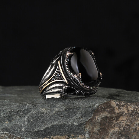925 Sterling Silver Onyx Stone Minimalist Ring // Style 3 // Silver + Black (6.5)
