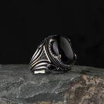 925 Sterling Silver Onyx Stone Minimalist Ring // Style 3 // Silver + Black (7.5)