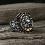 925 Sterling Silver Lion Head Ring // Silver + Black (9.5)