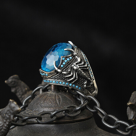 925 Sterling Silver Aquamarine Gemstone Scorpion Engraved Ring // Silver + Blue (6.5)