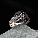 925 Sterling Silver Black Zircon Gemstone Scorpion Engraved Ring // Silver + Black (6.5)