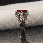 925 Sterling Silver Garnet Stone Eagle Model Ring // Silver + Red (8.5)