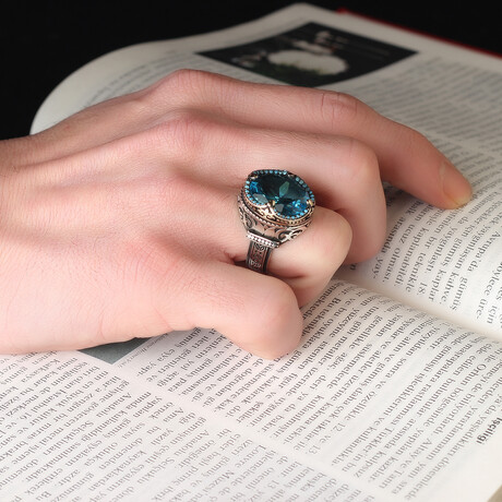 925 Sterling Silver Aquamarine Stone Ring // Style 4 // Silver + Blue (6.5)