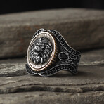 925 Sterling Silver Lion Head Ring // Silver + Black (9.5)