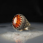925 Sterling Silver Amber Stone Ring // Silver + Red (7.5)